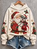 Women's Christmas Santa Claus Schnauzer Patchwork Print Casual Hoodie