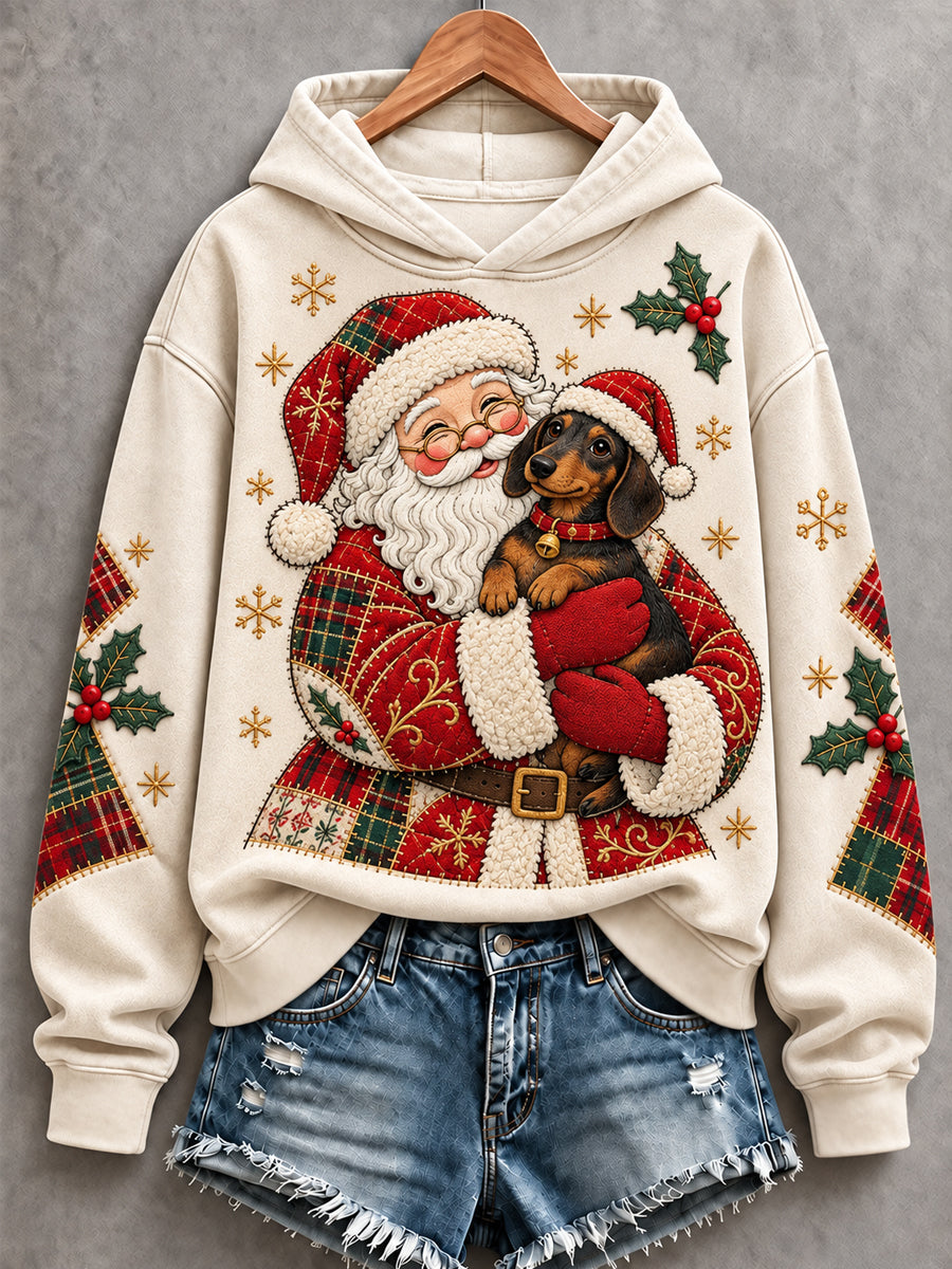 Women's Christmas Santa Claus Dachshund Patchwork Print Casual Hoodie