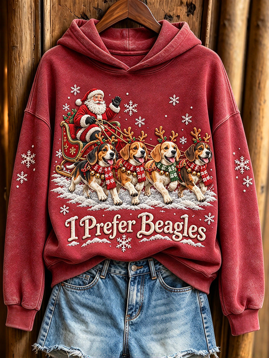 Women's Christmas I Prefer Beagles Santa Claus & Dogs Print Hoodie
