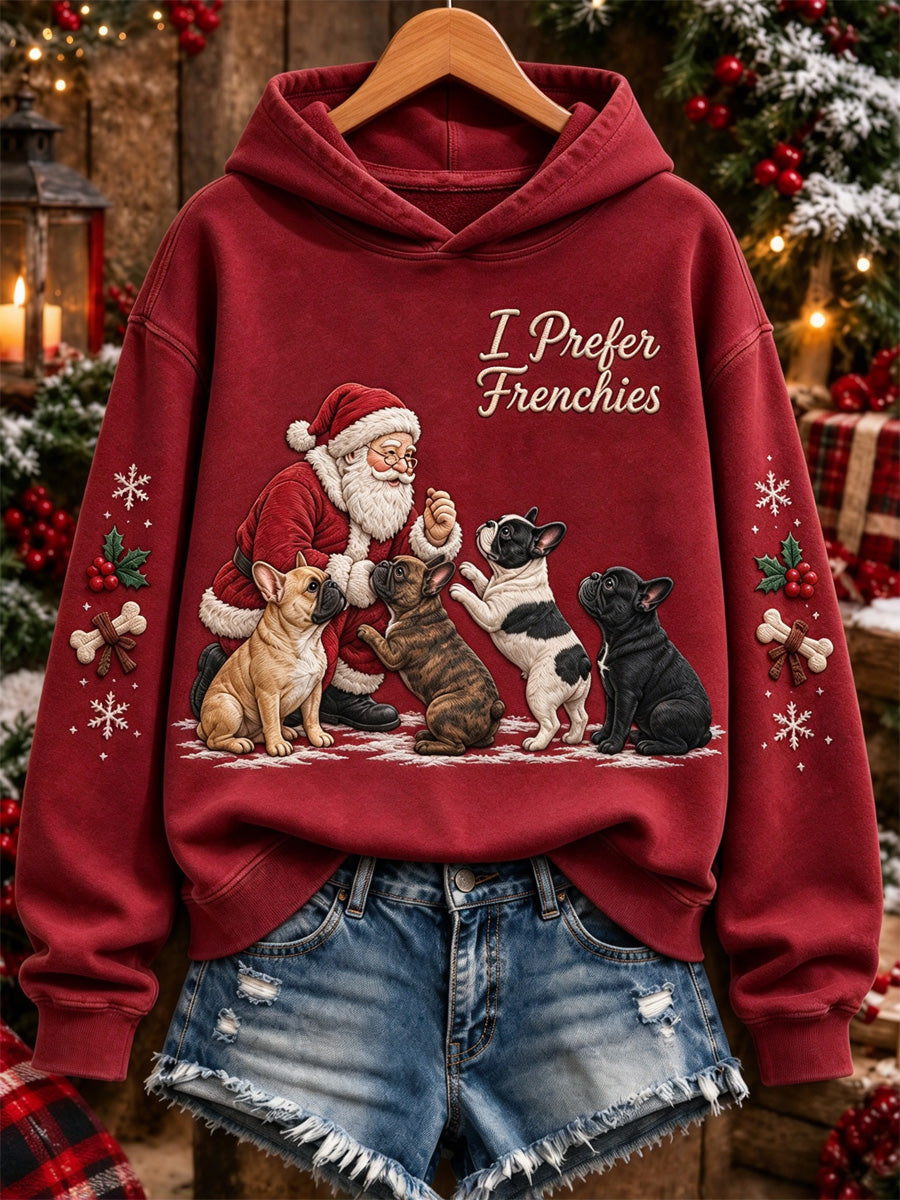 Women's Christmas I Prefer Frenchies Santa Claus & Dogs Print Hoodie