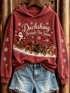 Women's Dachshing Through the Snow Christmas Santa Claus & Dachshund Dogs Print Hoodie