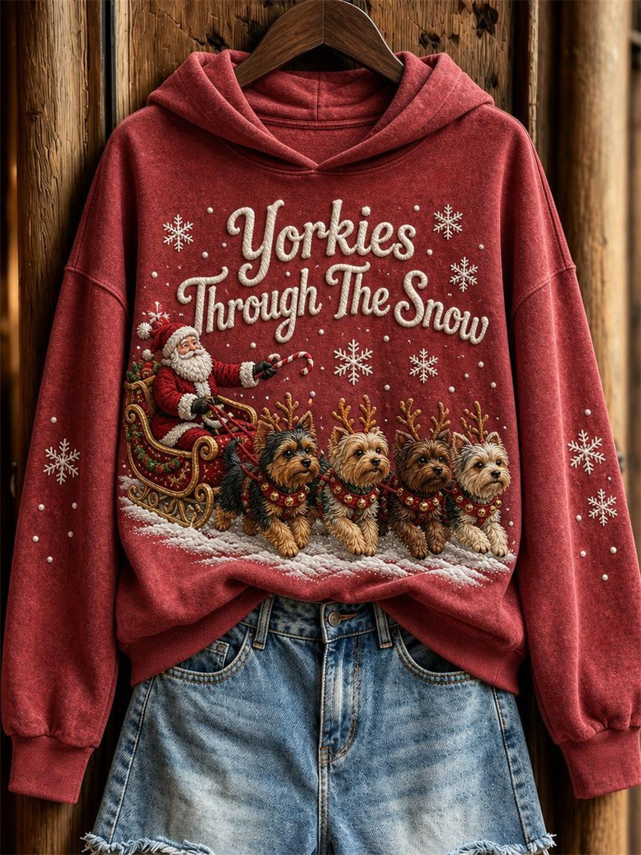 Women's Yorkies Through the Snow Christmas Santa Claus & Dogs Print Hoodie