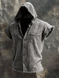 Men'S Retro Cotton-Linen Short-Sleeve Hoodie Shirt With Frayed Edges
