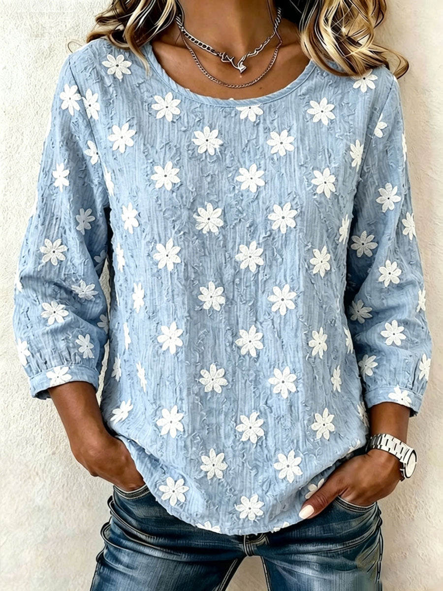 Women'S Casual Floral Print Cotton Linen Top