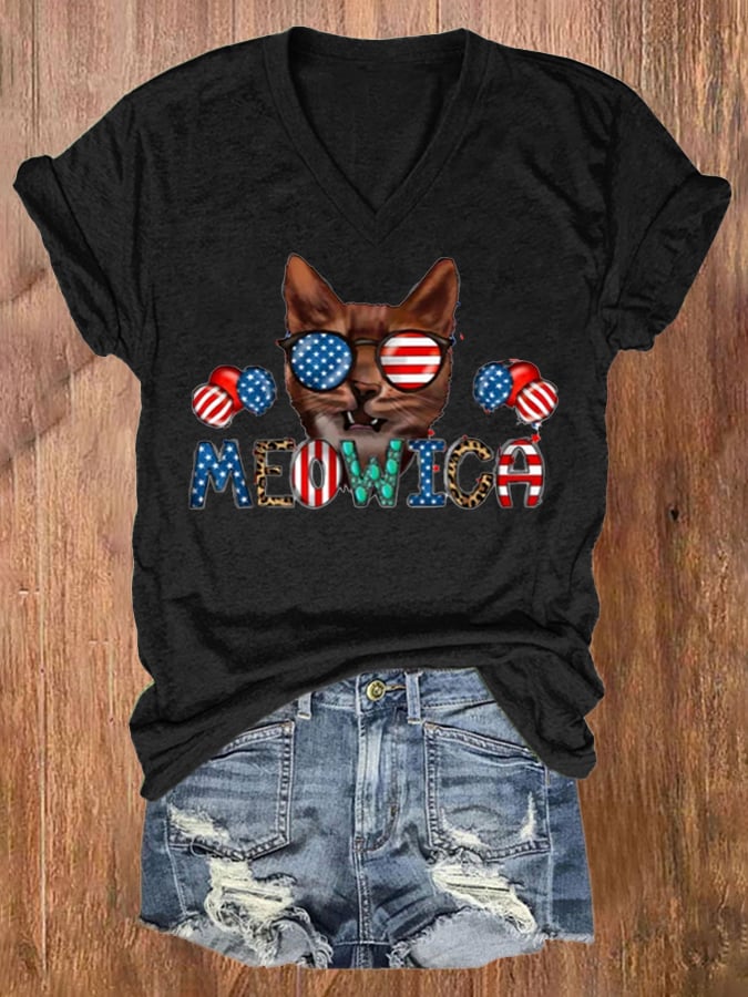 Women's Independence Day Cat Patriotic Vintage Print T-Shirt