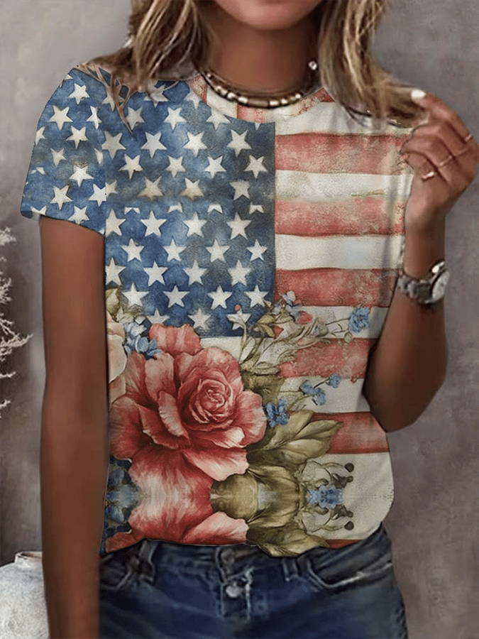 Women's Casual Retro Independence Day Print Short-Sleeved T-Shirt
