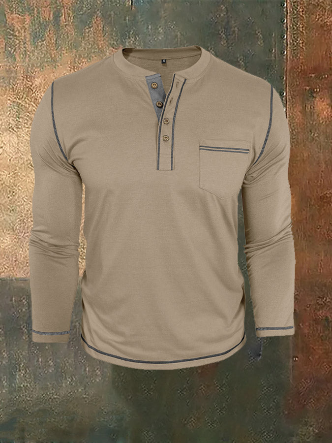 Men's Henry Pocket Long-Sleeve Color-Blocked T-Shirt