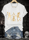 Women's Halloween Skull Gold Metal Print V-Neck Short Sleeve T-Shirt