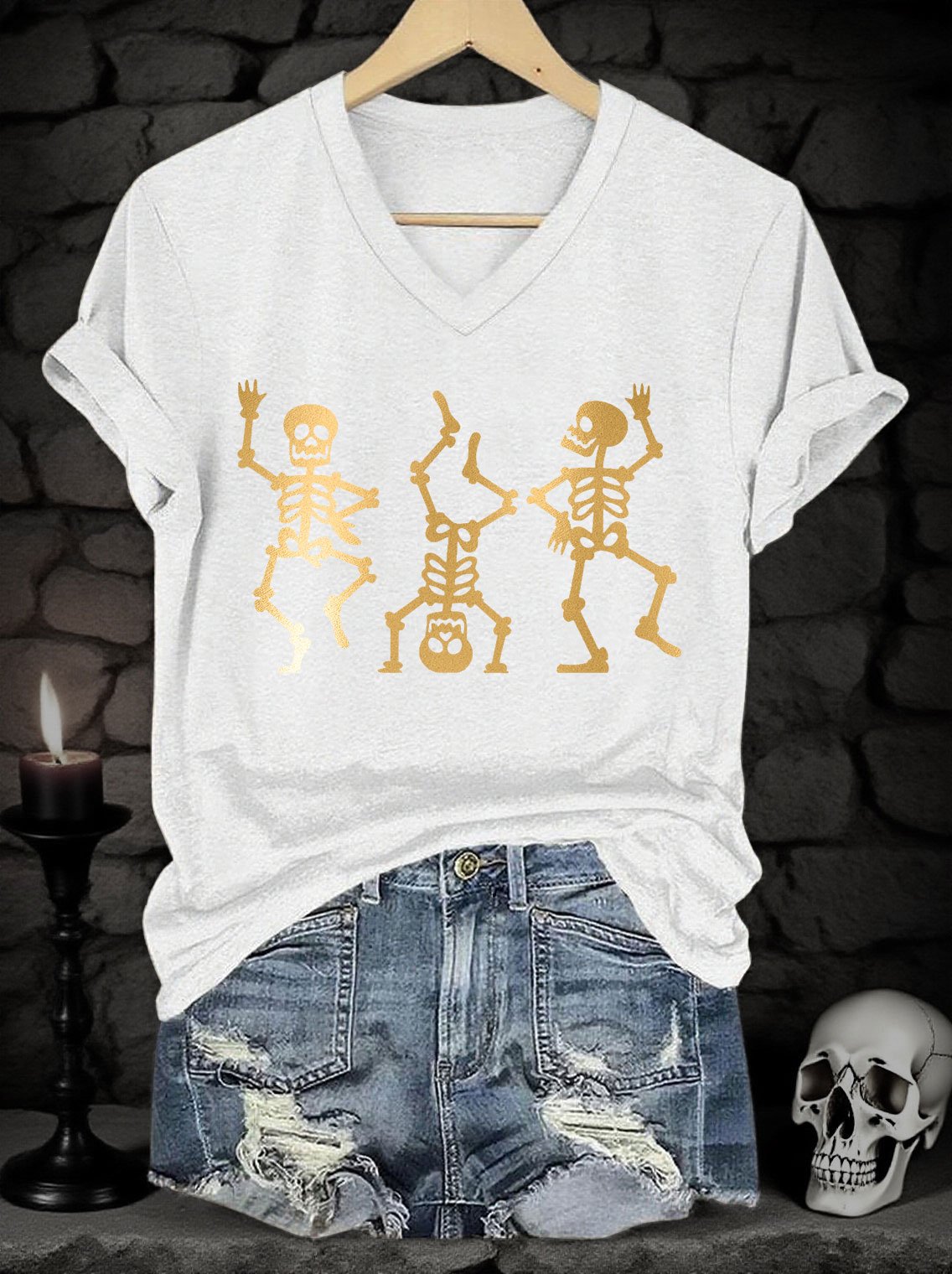Women's Halloween Skull Gold Metal Print V-Neck Short Sleeve T-Shirt