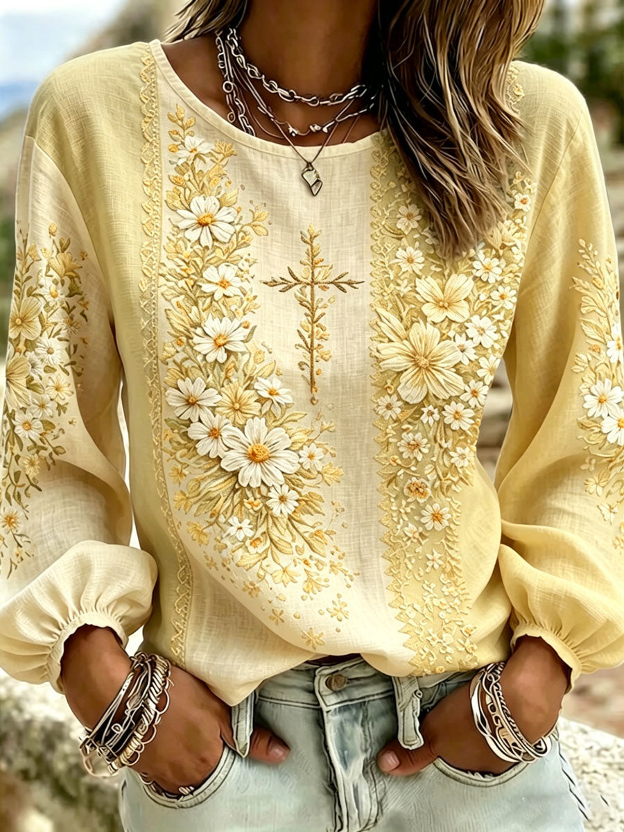 Women'S Casual Floral  Faith Print Cotton Linen Top