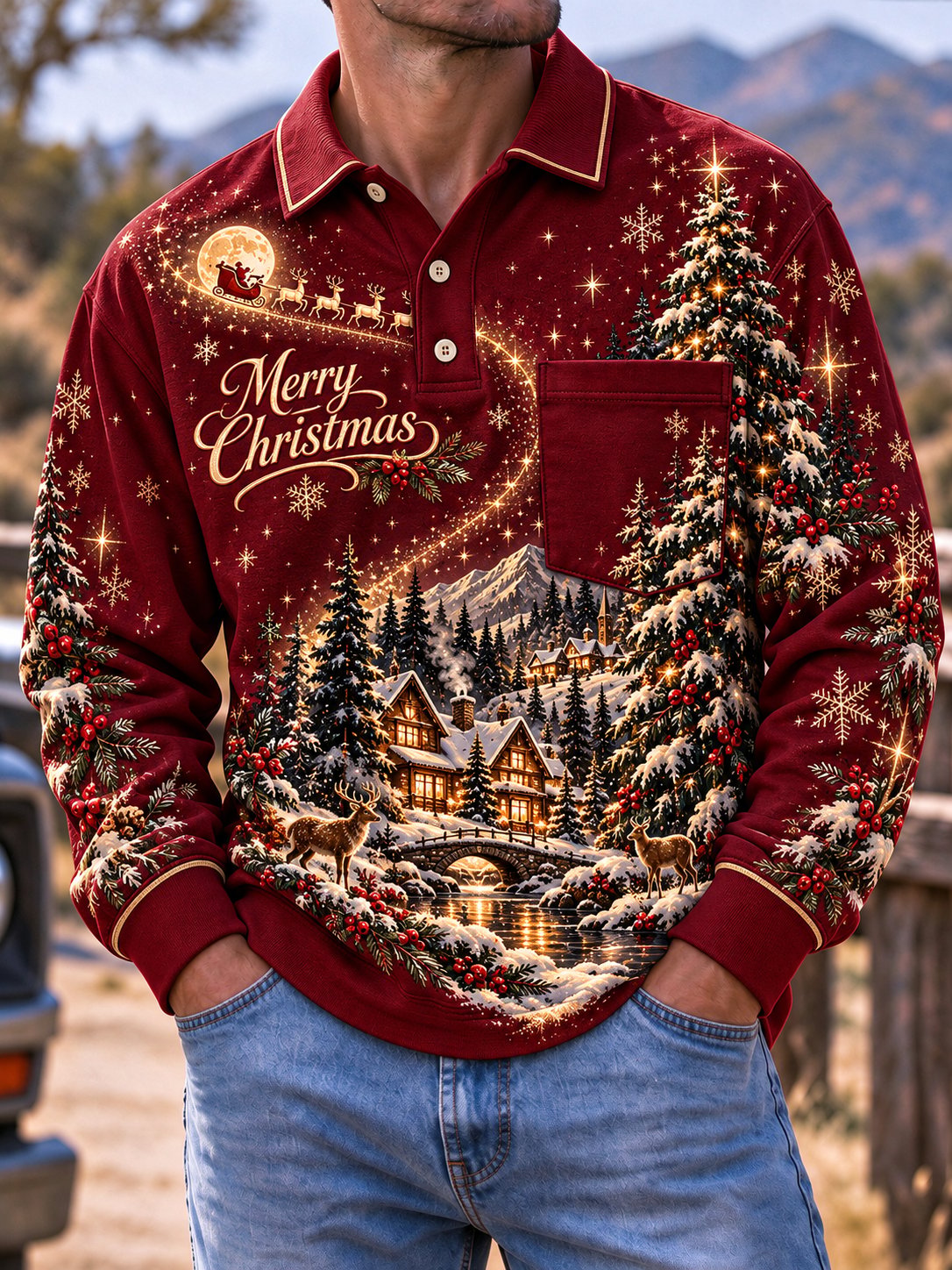 Men's Christmas Art Printed Tops