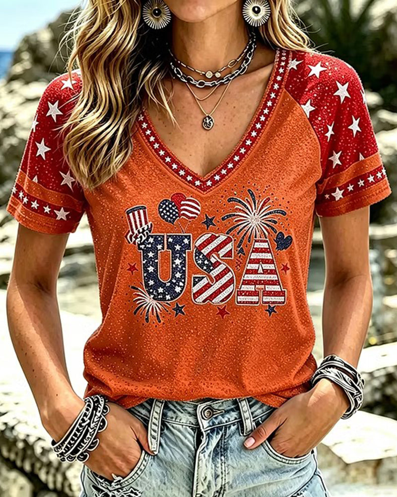 USA Alphabet Flag Fireworks Elements Red And White Colorblock V-Neck Short Sleeve T-Shirt