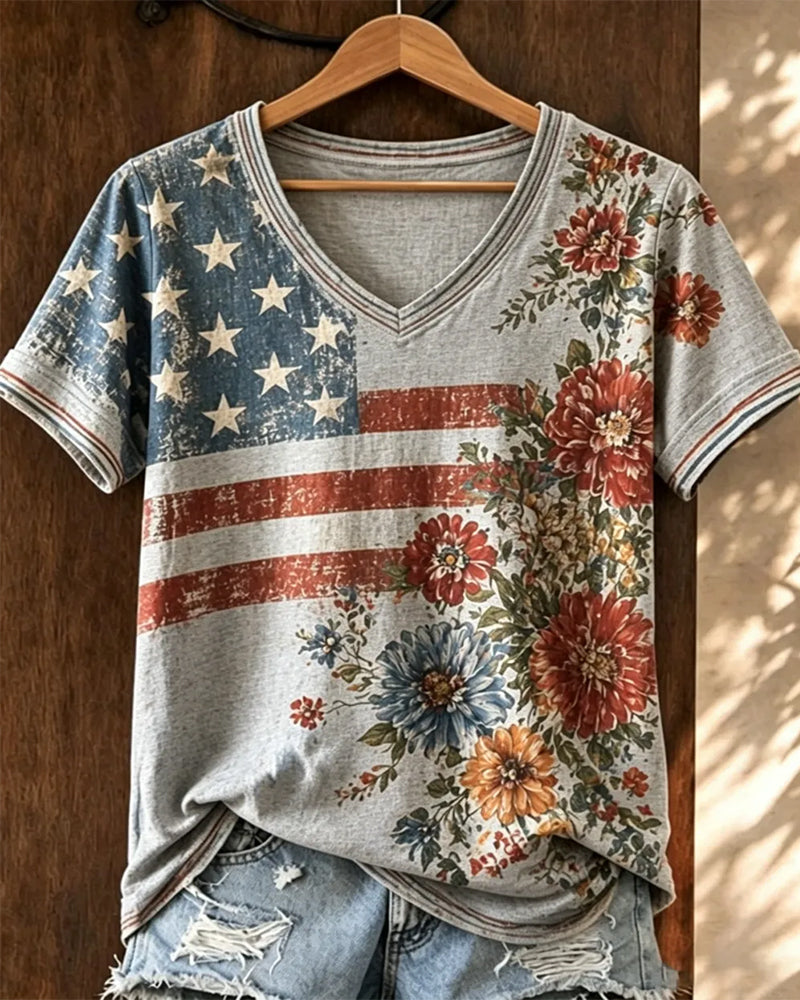 Vintage Grinding White Flag Watercolor Floral V-Neck Short Sleeve Top