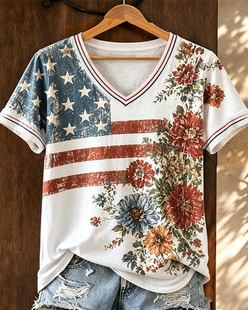 Vintage Grinding White Flag Watercolor Floral V-Neck Short Sleeve Top