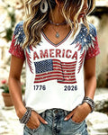 AMERICA Letter Flag Wings Elemental Glitter Print V-Neck Short Sleeve Tee
