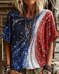 Gradient Glitter Stars And Stripes Star-Print Round Neck Short-Sleeve Tee