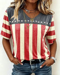 Stitched Vertical Stripe Five-pointed Star Hem Contrast V-Neck Tee