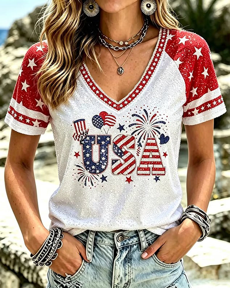 USA Alphabet Flag Fireworks Elements Red And White Colorblock V-Neck Short Sleeve T-Shirt