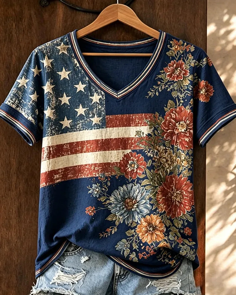 Vintage Grinding White Flag Watercolor Floral V-Neck Short Sleeve Top