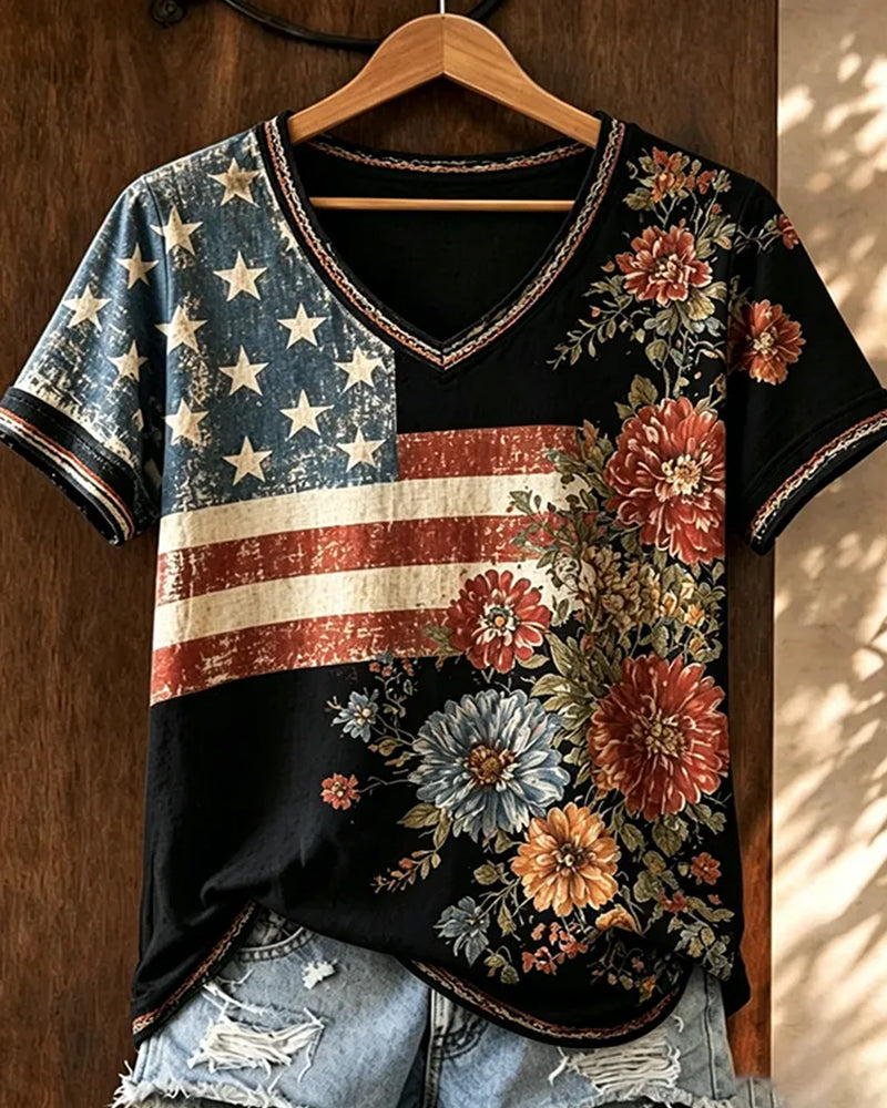 Vintage Grinding White Flag Watercolor Floral V-Neck Short Sleeve Top