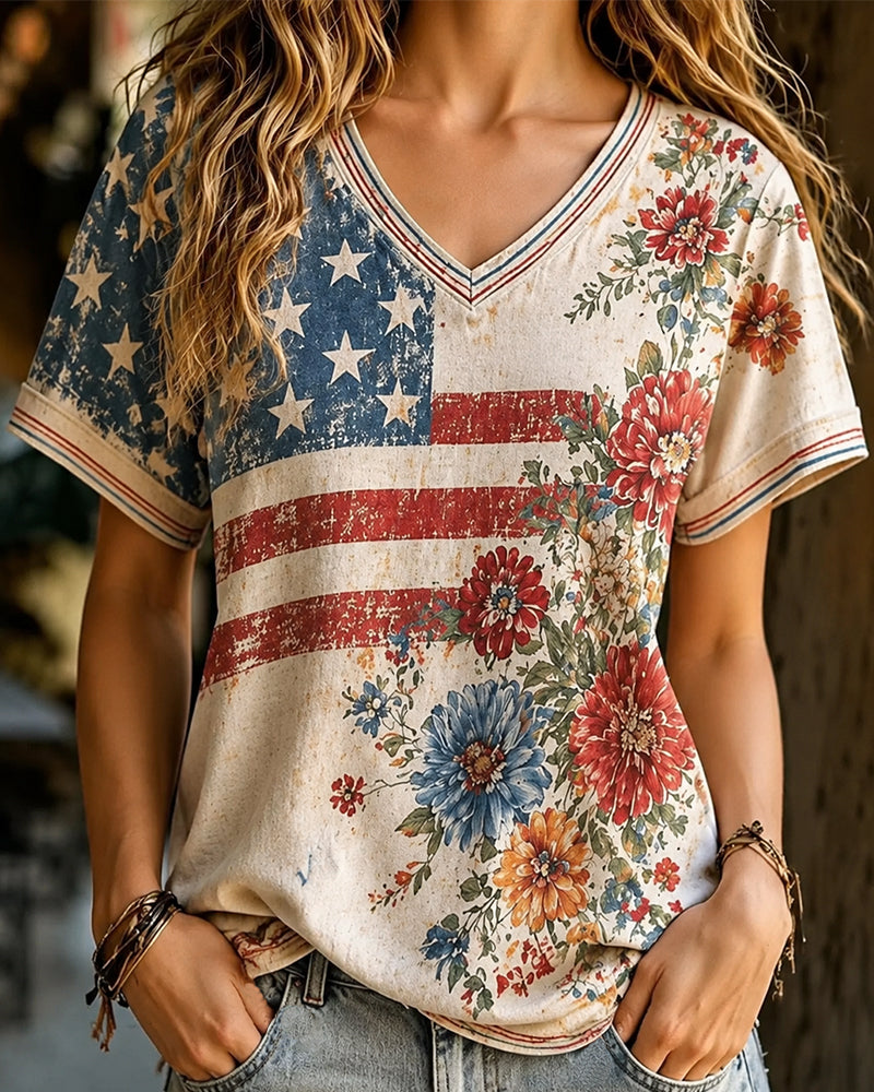 Vintage Grinding White Flag Watercolor Floral V-Neck Short Sleeve Top