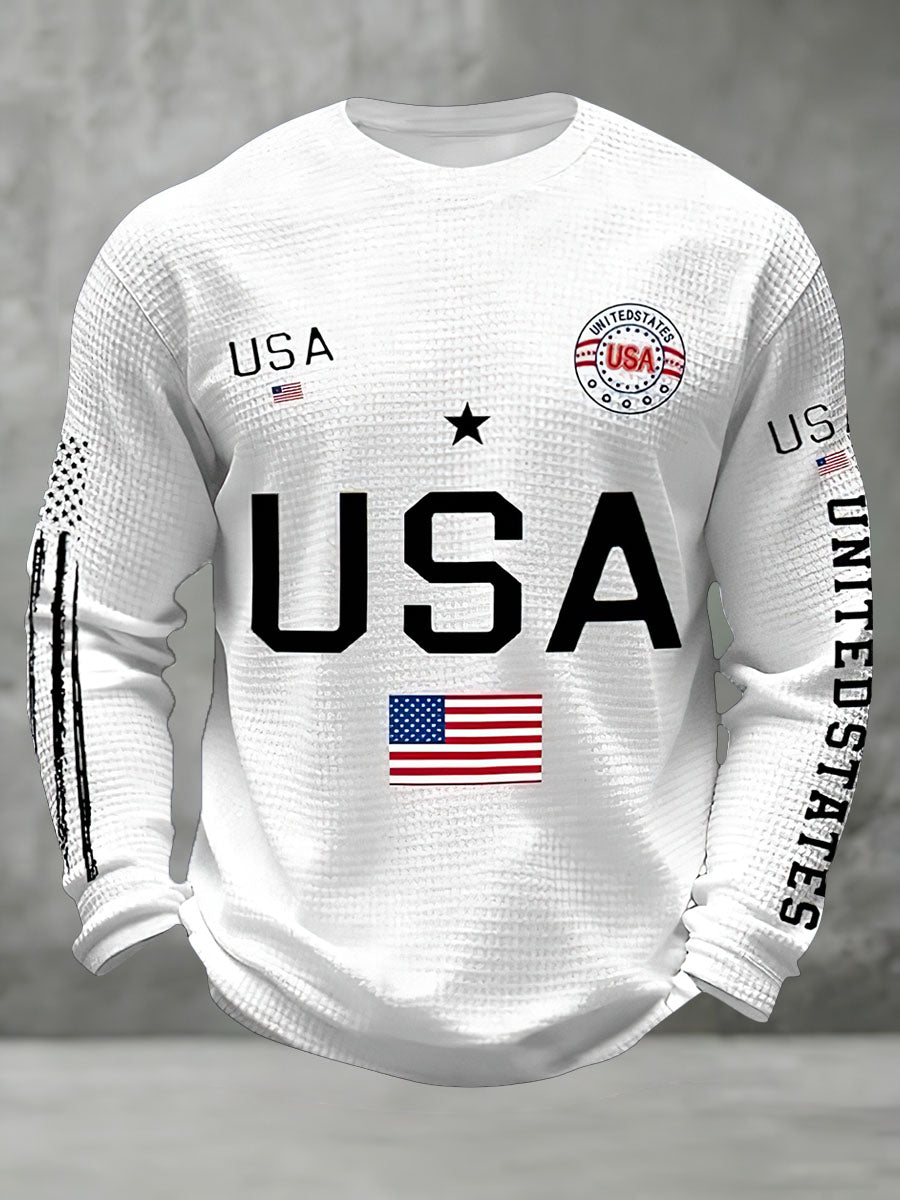 Waffle American Flag Printed Long Sleeve Crew Neck Sweatshirt
