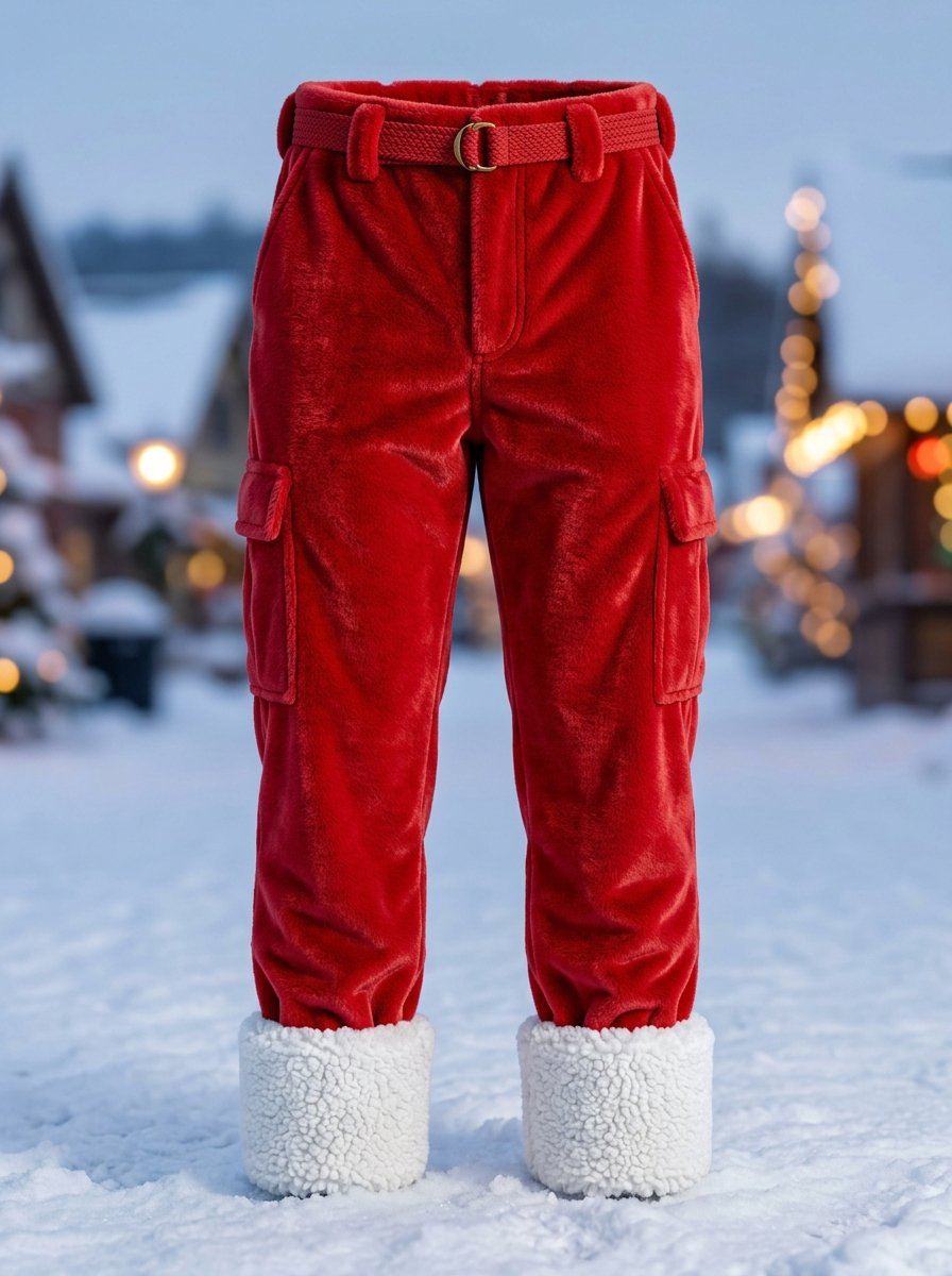 Men's Red Warm Plush Christmas Work Pants