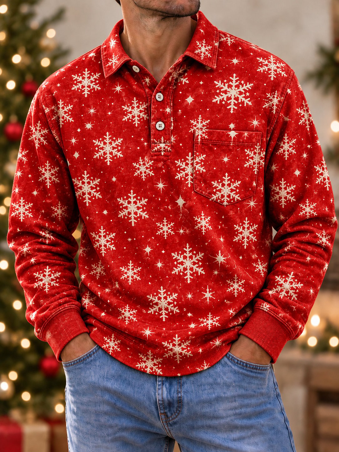 Men's Christmas-Print Casual Pocket Top