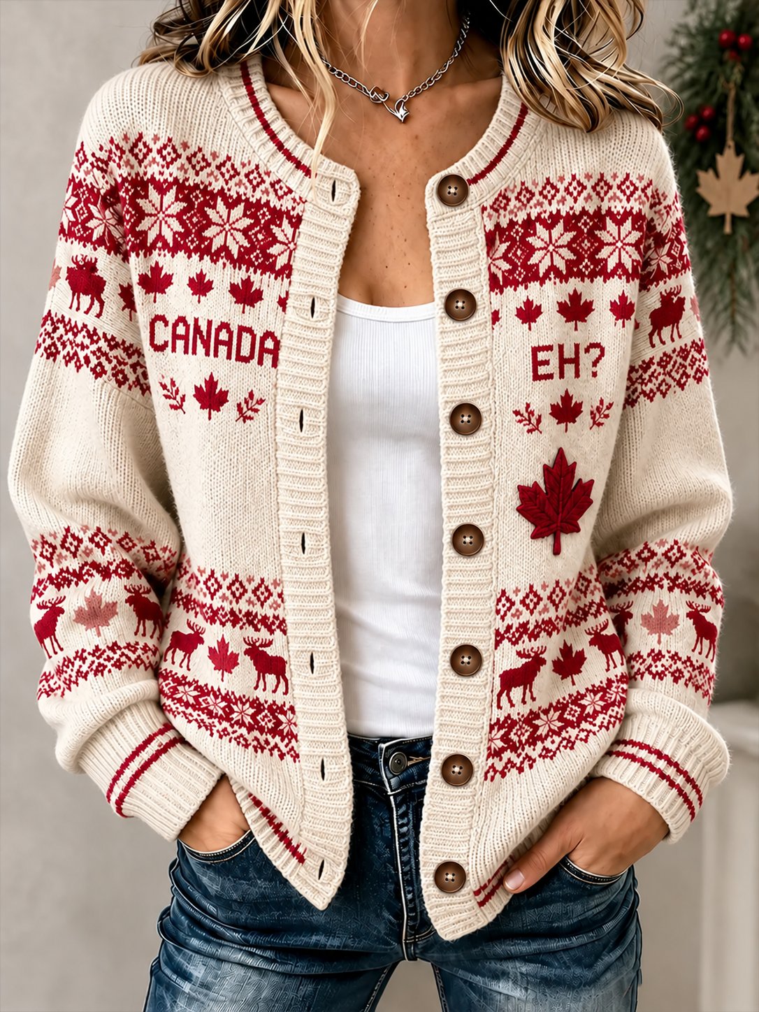Women's Canadian Maple Leaf Print Cardigan
