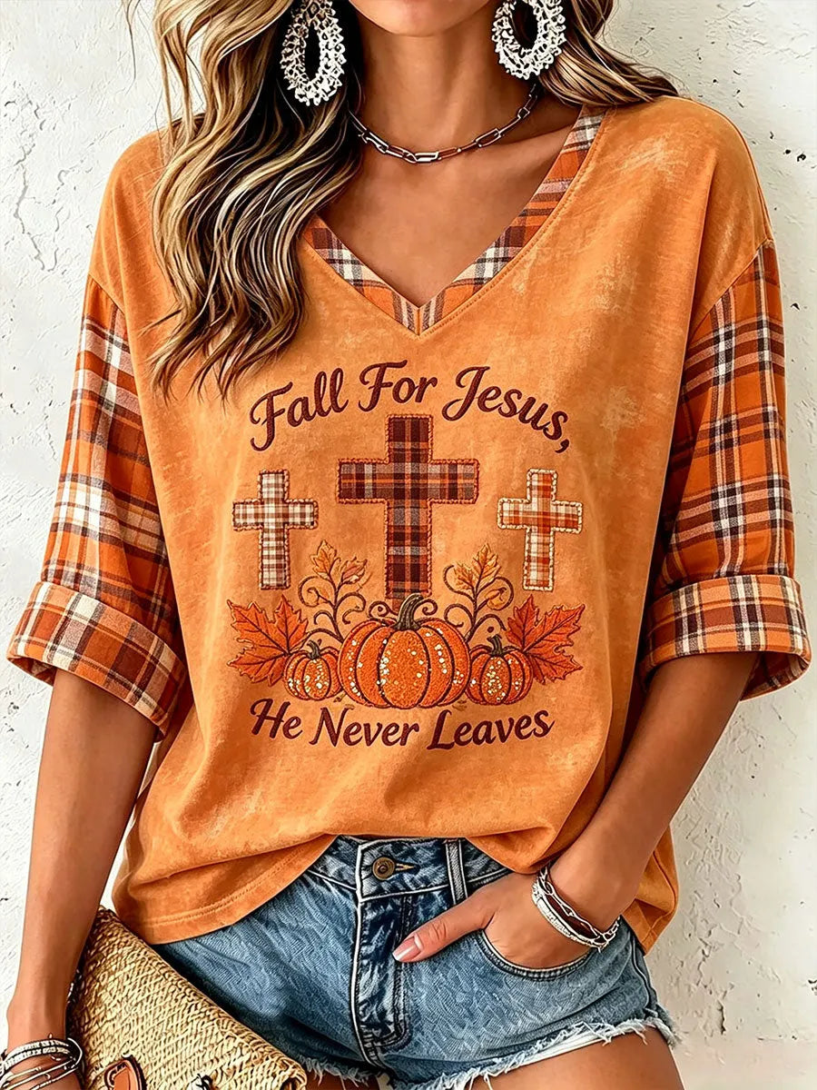 Women's Fall For Jesus He Never Leaves T-Shirt