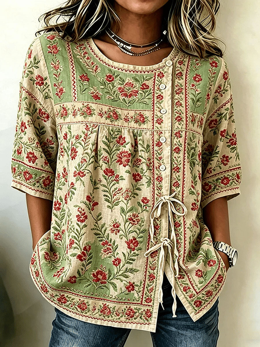 Women'S Cotton And Linen Casual Striped Print Top