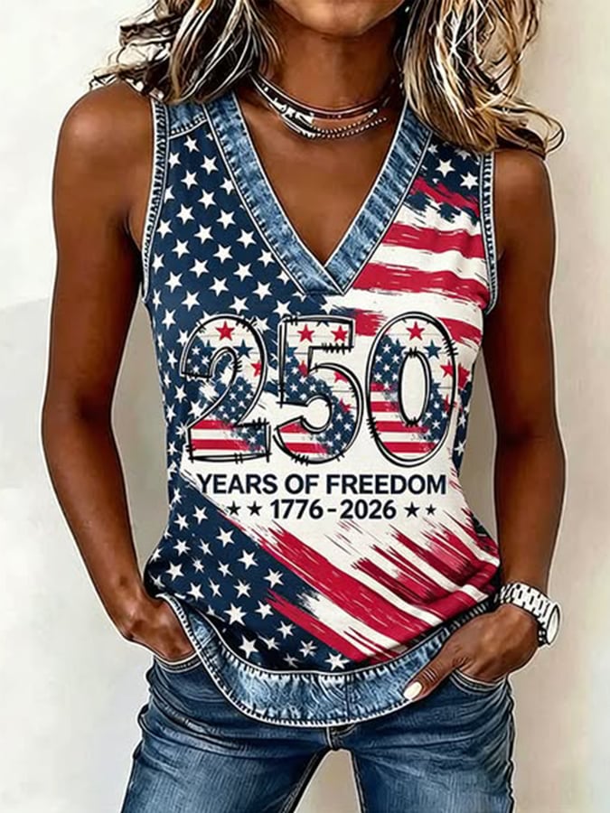 Women's 250th Anniversary Freedom Flower Art  Print Casual V-Neck Vest