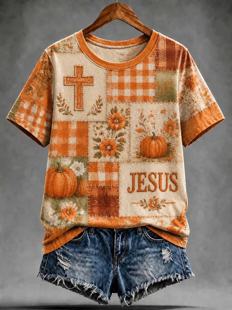 Women's Retro Fall Cross Jesus Graphic T-Shirt