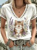 Women's Flag and Floral Print Cotton-Linen T-Shirt