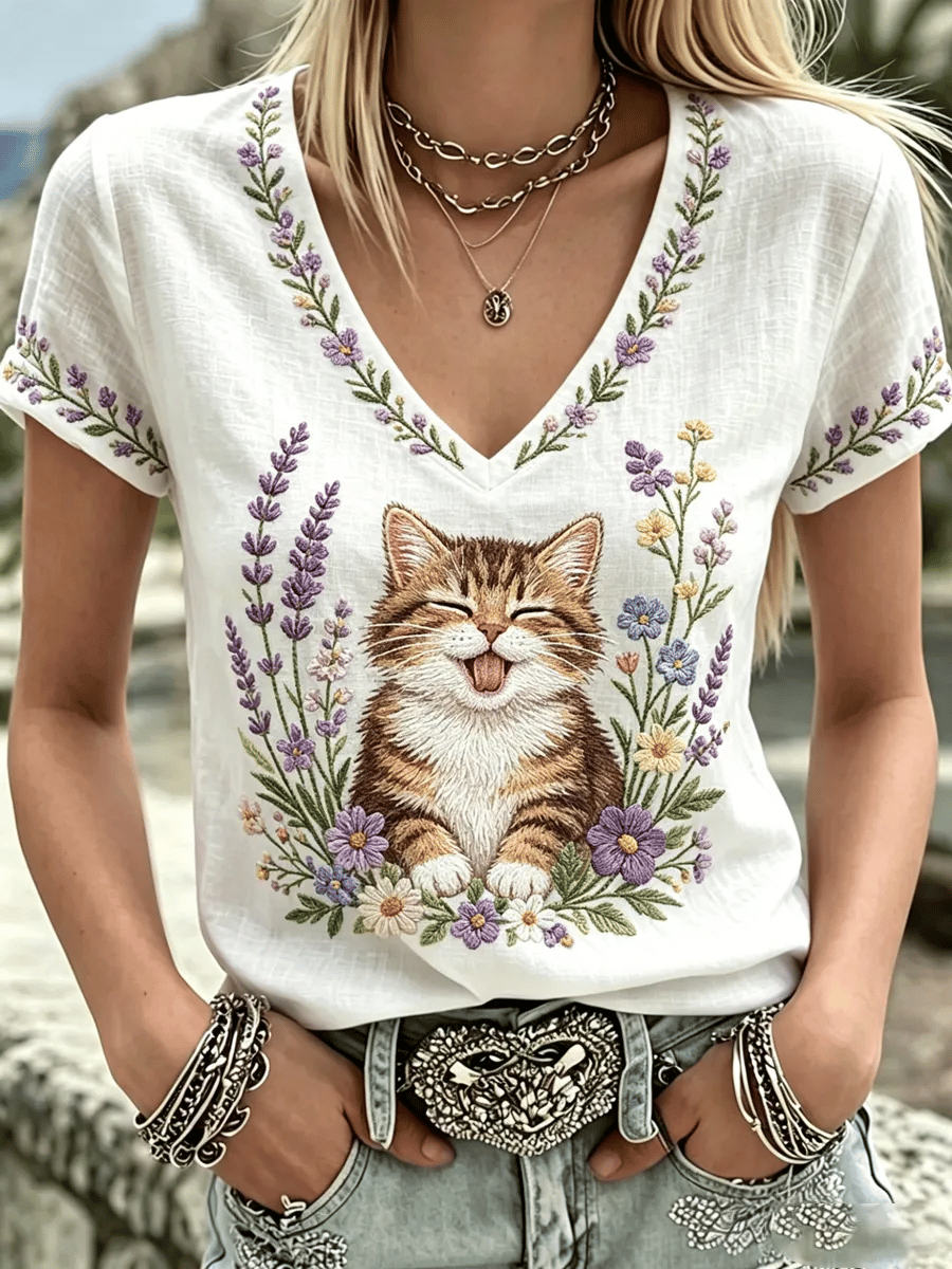 Women's Flag and Floral Print Cotton-Linen T-Shirt