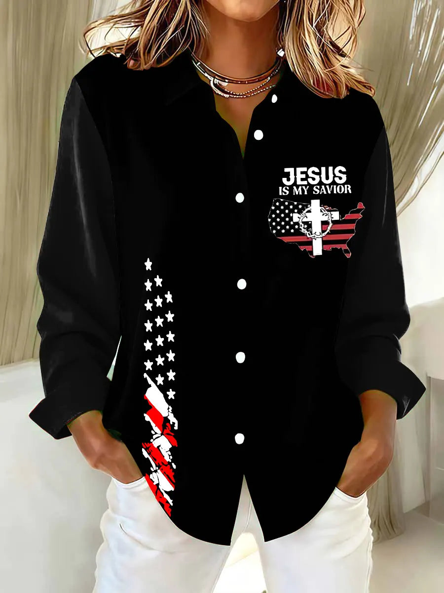 Jesus Is My Savior Printed Casual Long Sleeve Shirt