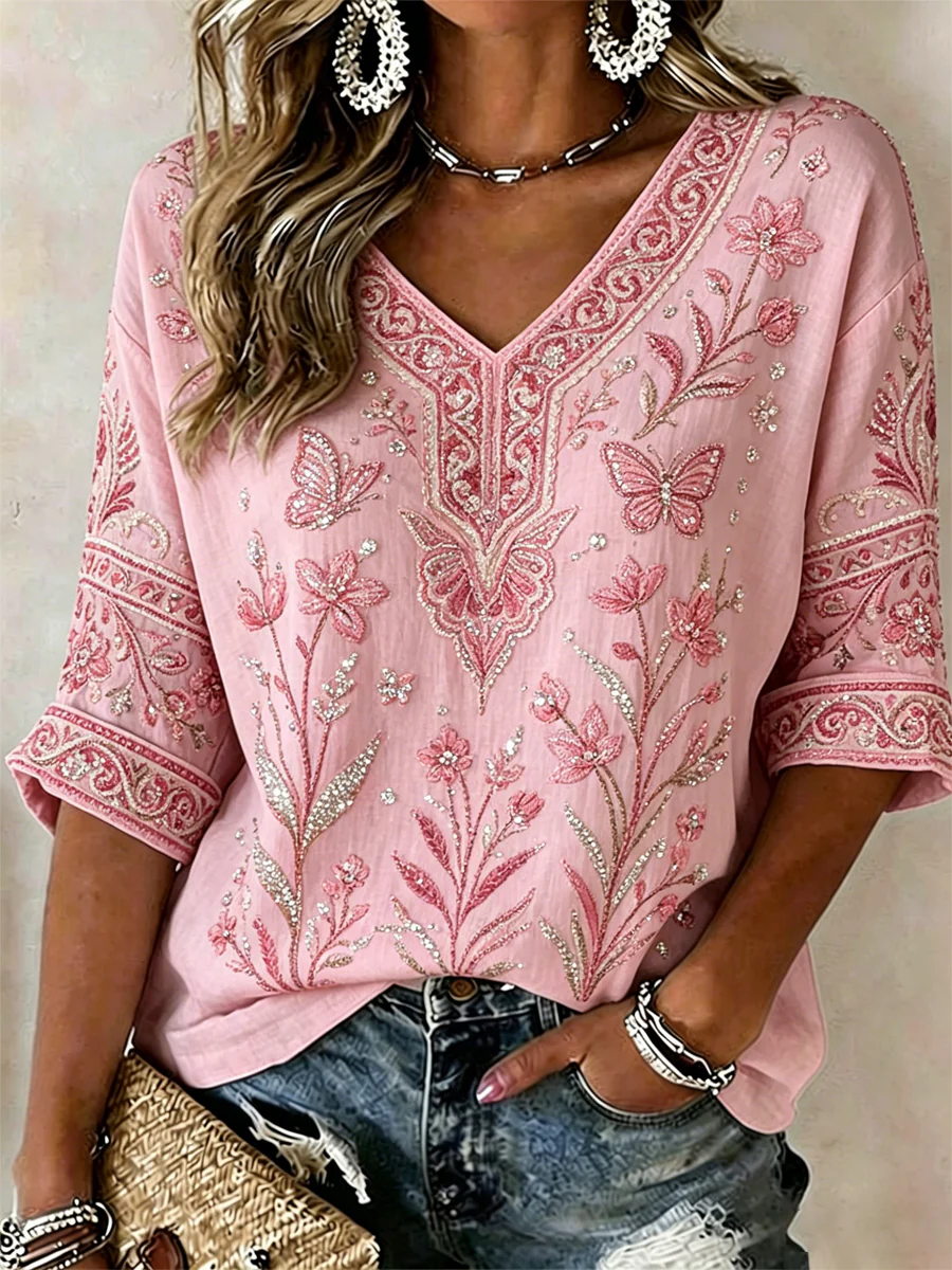 Women's V-neck floral print shirt