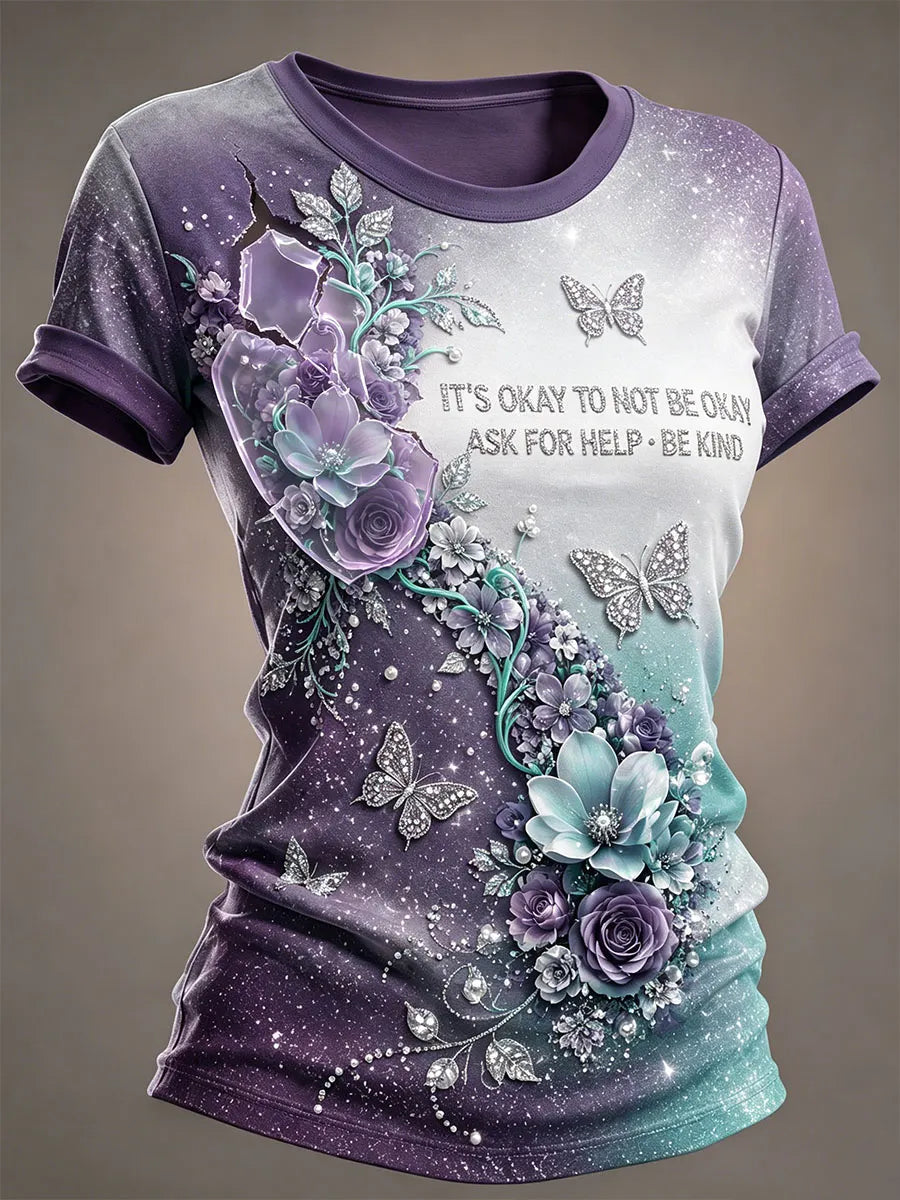 Women’s It’s Okay to Not Be Okay Floral Butterfly Mental Health Graphic T-Shirt