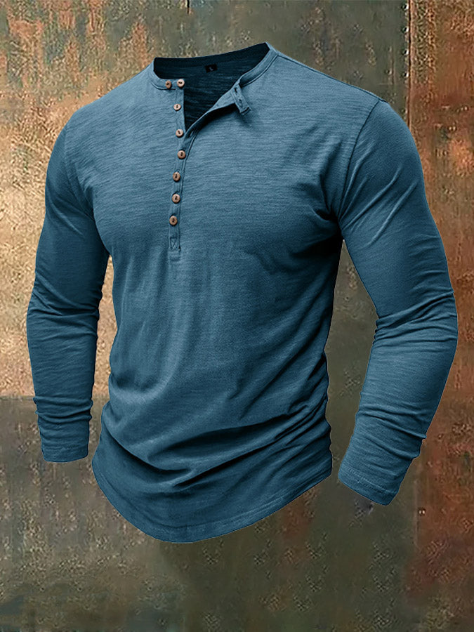Men's Henley Collar Bamboo Cotton Long-Sleeved Top