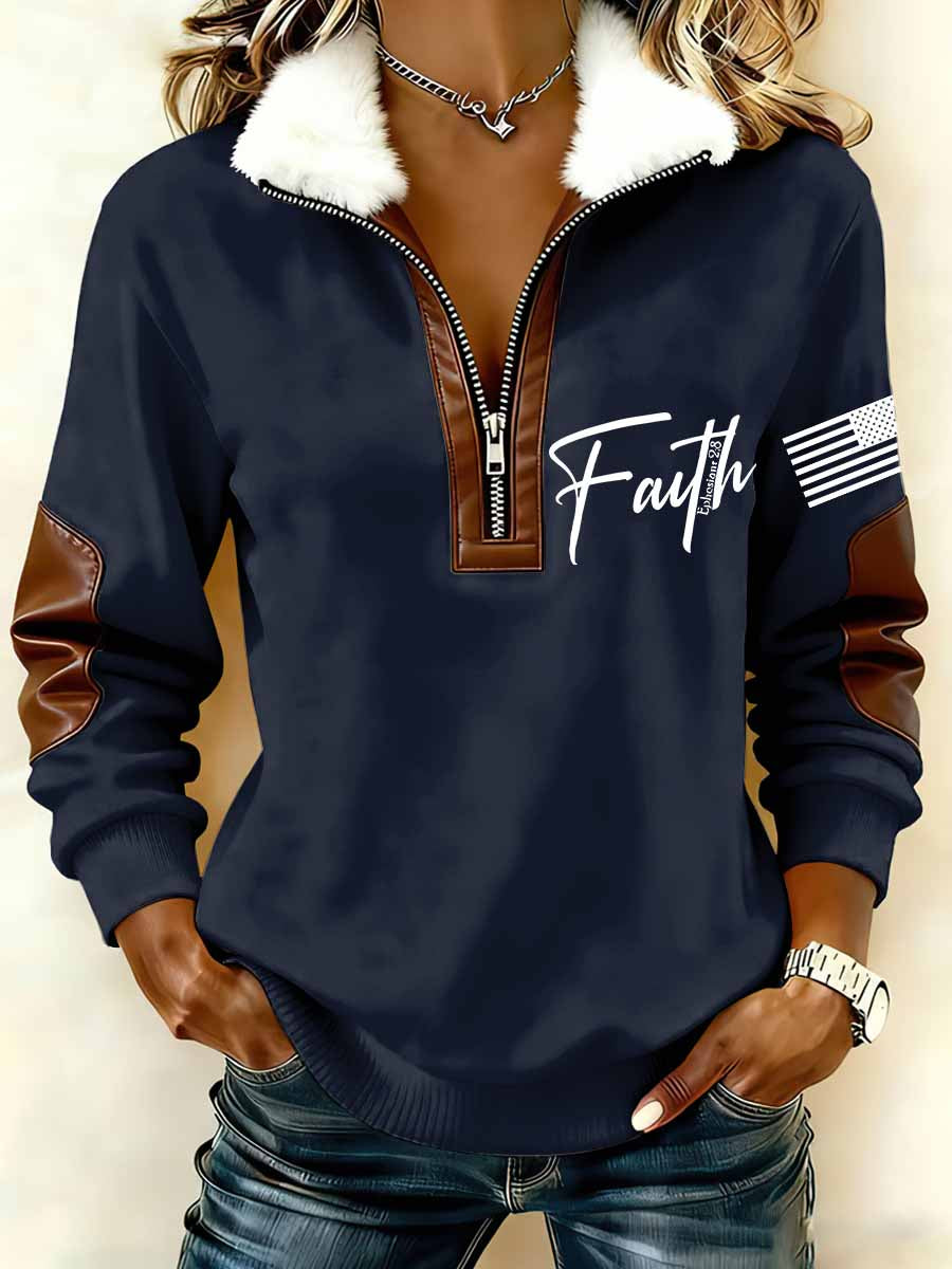 Women`s Faith In USA Print Patchwork Fur Collar Long-Sleeve Sweatshirt