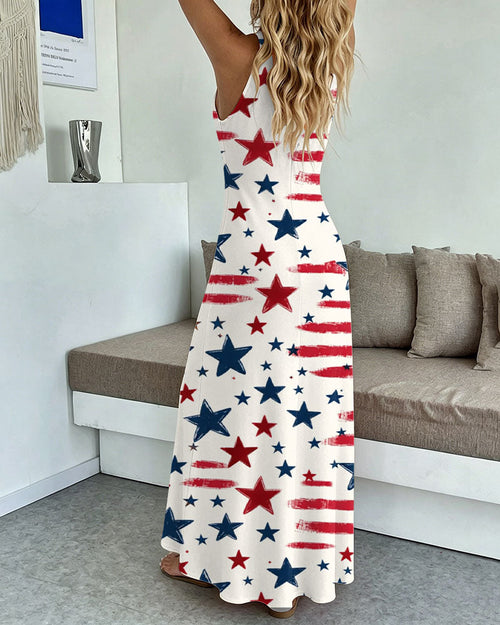 Graffiti Stripes and Stars Print Pocket Maxi Dress
