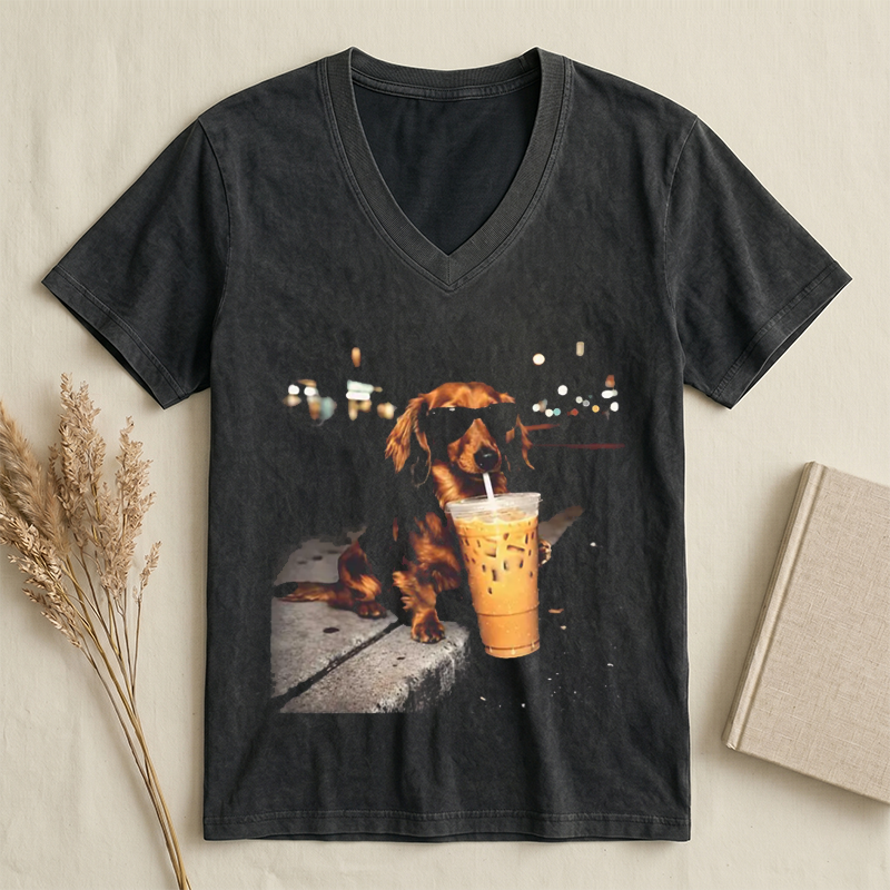 Dachshund Drinking Iced Coffee V neck