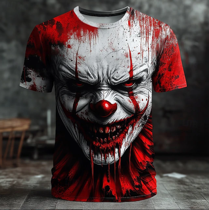 Halloween Men's Creepy Clown 3D Clown T Shirt Short Sleeve T shirt 3D Print Crew Neck Shirt Exaggerated Designer Horror Party Street Casual Red Black Gray Gray Summer Spring All Seasons