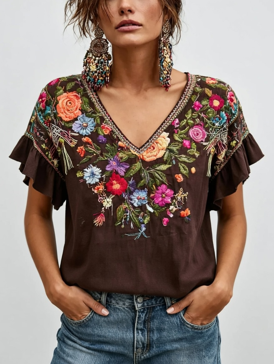 Women's Floral Print linen short-sleeved T-shirt
