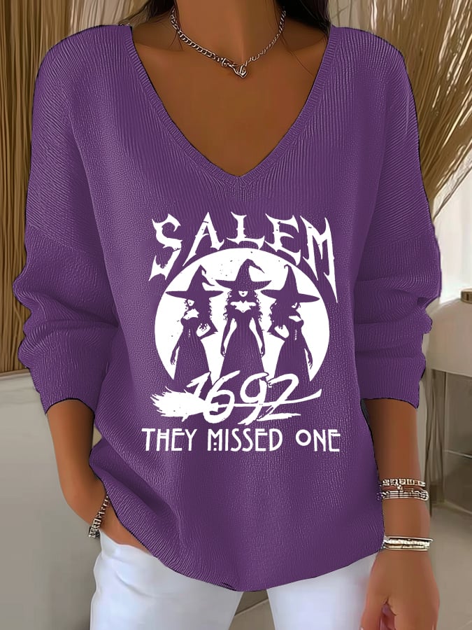 🔥HOT SALE🔥Women's 1692 Salem They Missed One Print V Neck Sweater