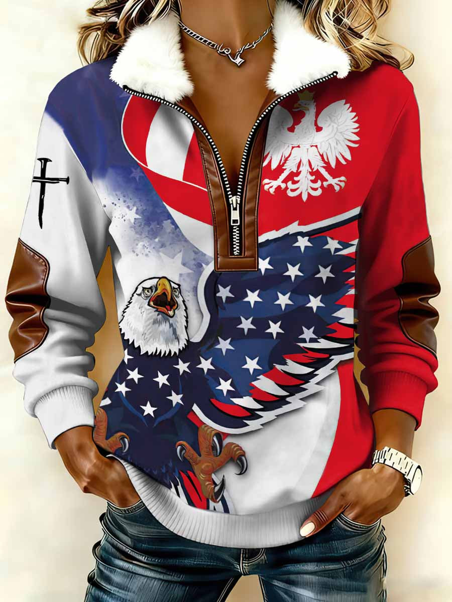 Women`s Bald Eagle And US Flag Print Patchwork Fur Collar Long-Sleeve Sweatshirt