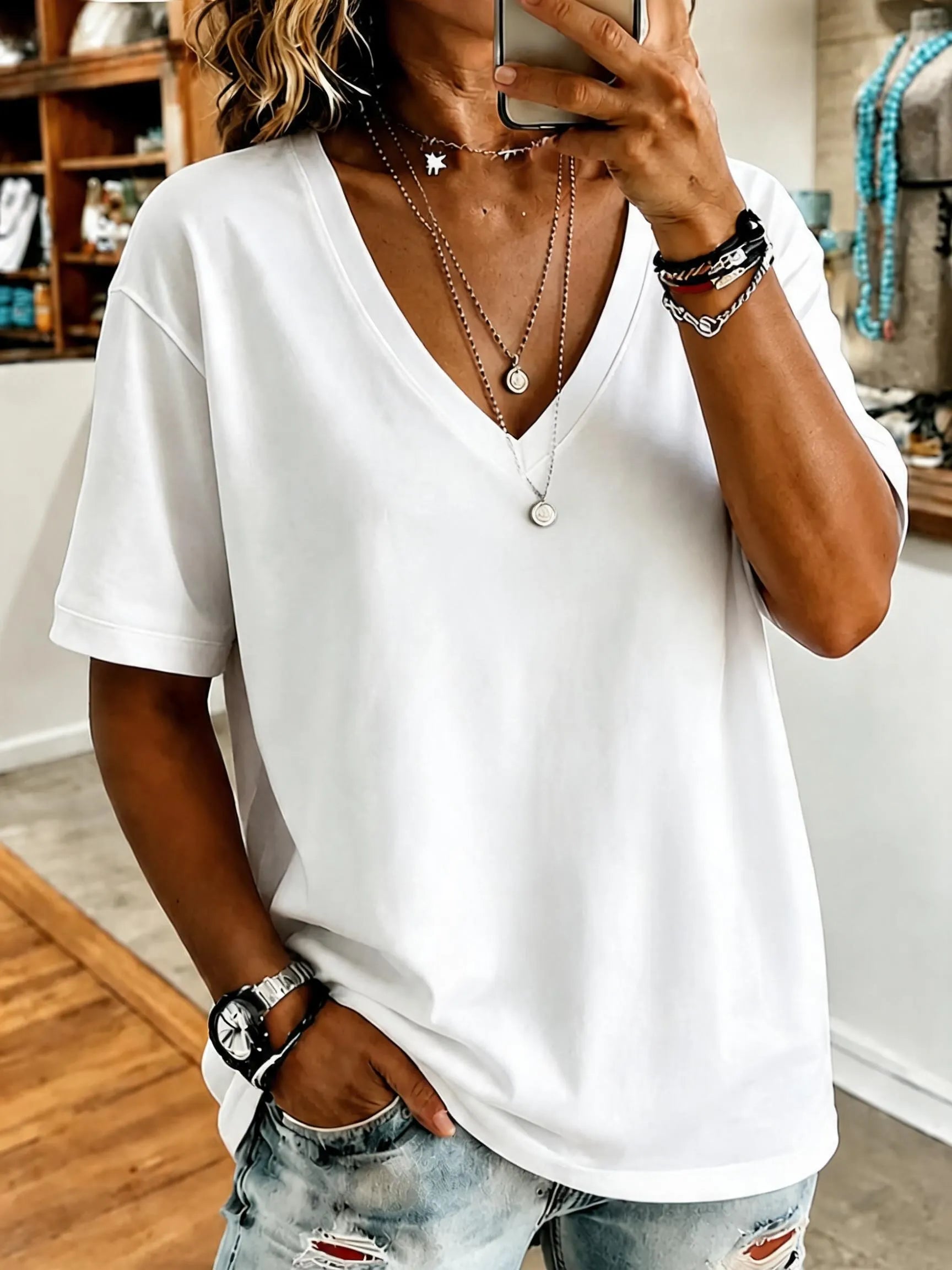 Women'S Short-Sleeved Solid Color V-Neck T-Shirt