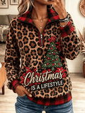 Women'S Christmas Print And Leopard Patchwork Sweatshirt