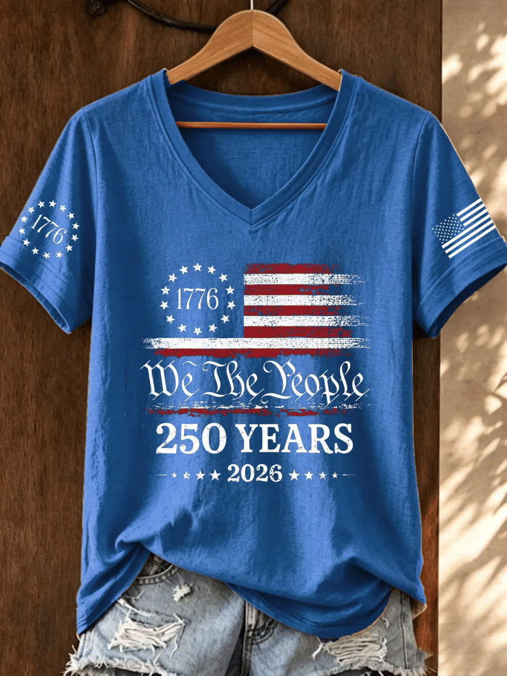 Women's Retro America Flag  Print T-shirt