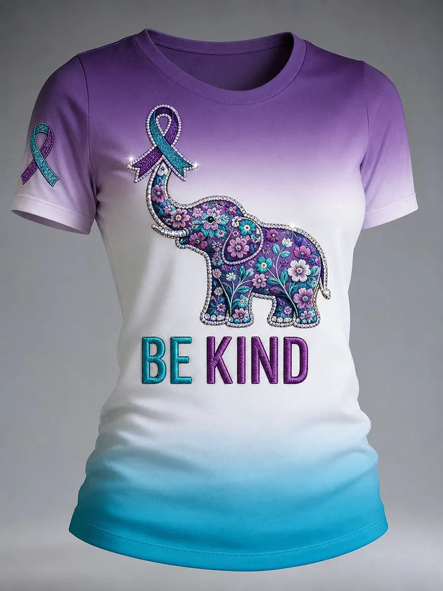Women’s “Be Kind” Floral Elephant Print Crew Neck T-Shirt